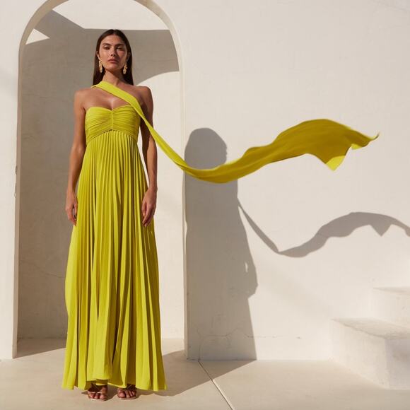 DELFI COLLECTIVE Dresses & Skirts - DELFI | Dapheni Dress in Chartreuse Strapless Pleated Gown with Scarf M w/ Tags